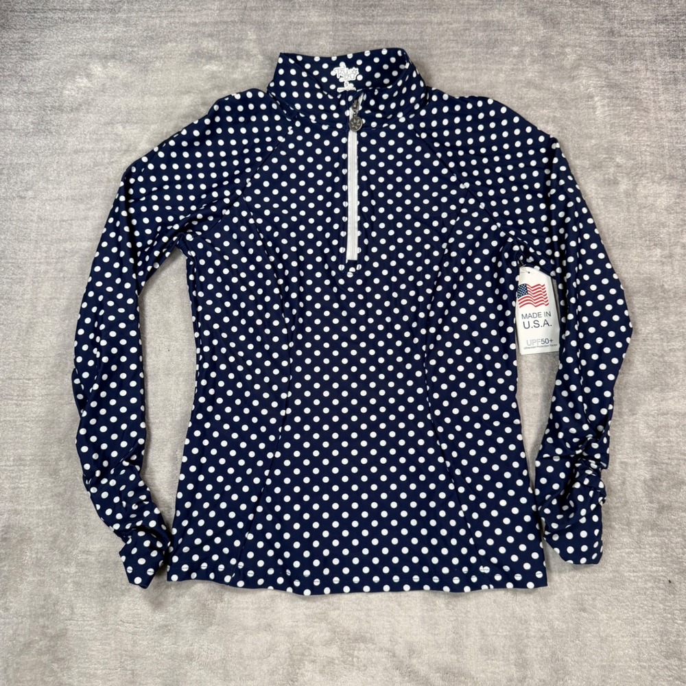Tzu Tzu Sara Top Womens Small Navy Polka Dot 1/4 Zip Long Sleeve UPF 50+ Golf